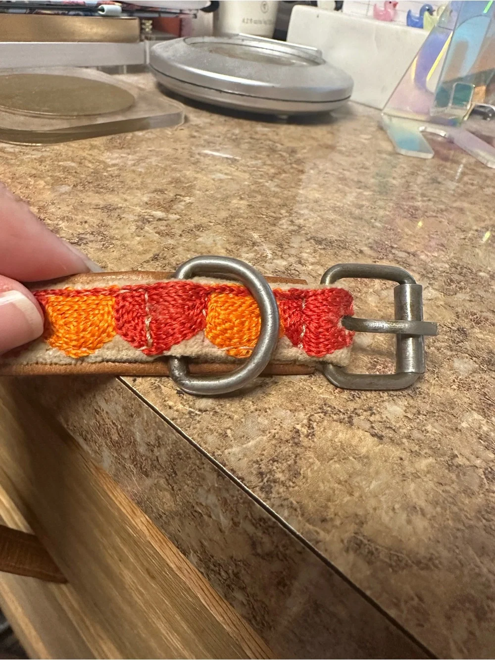 Embroidered Leather Dog Collar with Orange & Red Hearts